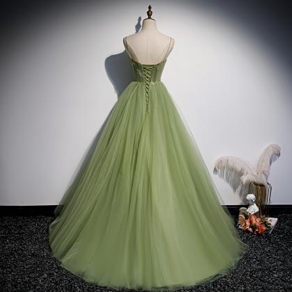 Light Green Glitter A Line Tulle Prom Dresses..