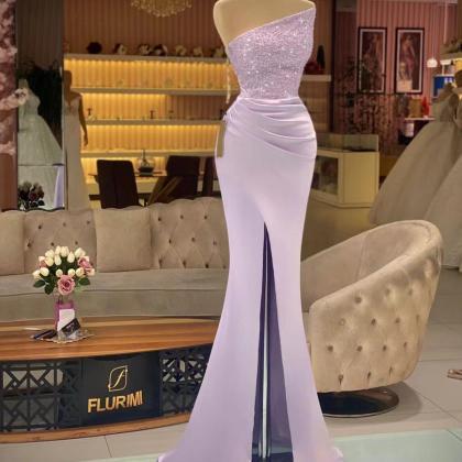 Purple Prom Dress Sequins Mermaid Side Slit Pleats..