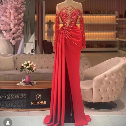 Long Sleeve Prom Dresses, Red Prom Dresses, Custom..