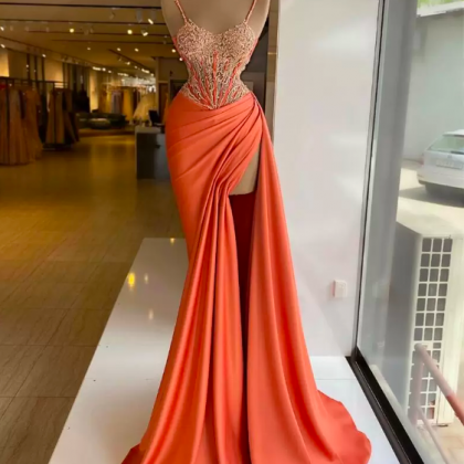 Bright Orange Sexy Mermaid Prom Dresses V Neck..
