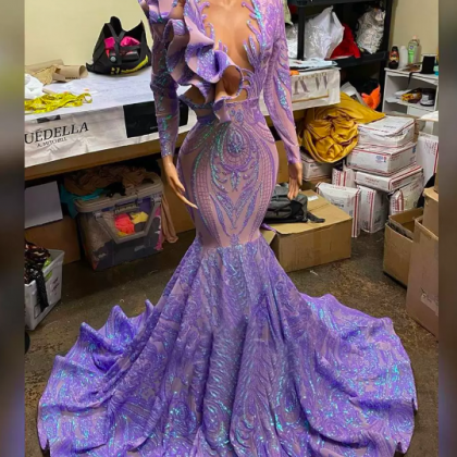 2022 Sparkling Purple Sequins Mermaid Prom Dress..