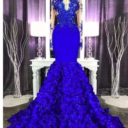 Royal Blue Flowers Mermaid Prom Dresses Lace..