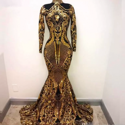 Luxury Long Sleeves Prom Dresses Mermaid High Neck..