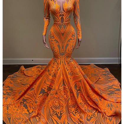 2022 Orange Mermaid Evening Gowns Party Dress For..