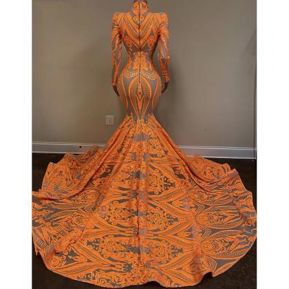 2022 Orange Mermaid Evening Gowns Party Dress For..