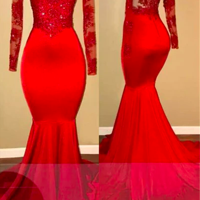 Red Prom Dresses, Lace Prom Dresses, Long Sleeve..
