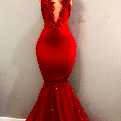 Red Prom Dresss, High Neck Prom Dresses, Mermaid..