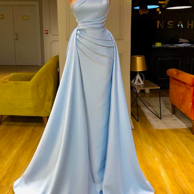 Blue Prom Dresses, Satin Prom Dresses, Pleats Prom..
