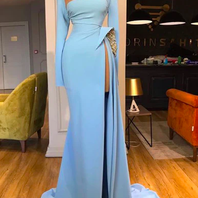 Blue Prom Dresses, High Neck Porm Dresses, Long..