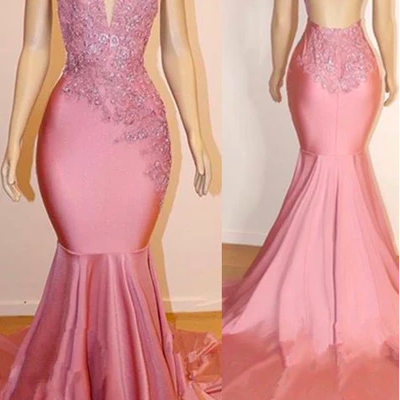Pink Prom Dresses, Backless Prom Dresses, Satin..