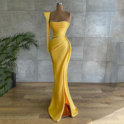 Yellow Mermaid Prom Dress One Shoulder Long..