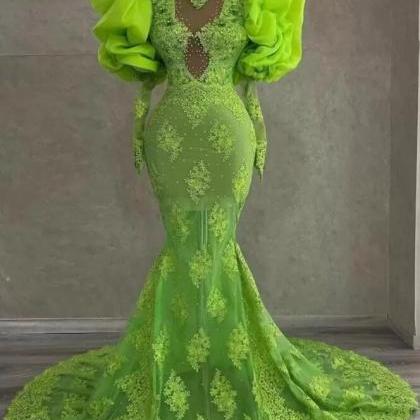 Green Arabic Aso Ebi Prom Dresses Retro Puff Long..