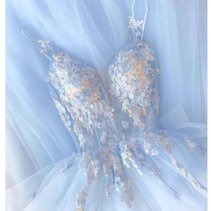 blue prom dresses, hand made flower..