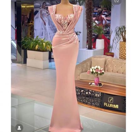 Pink Prom Dresses, V Neck Prom Dresses, Satin..