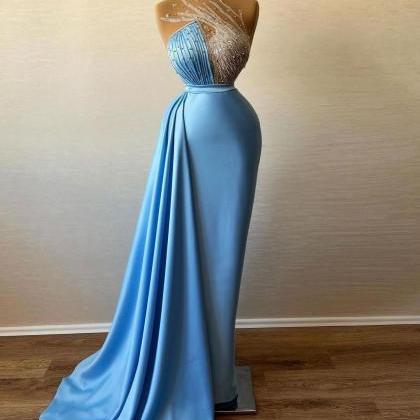 Blue Sexy Prom Dresses Strapless Sleeveless Bateau..