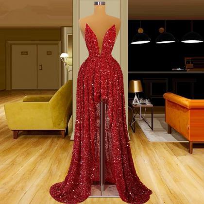 Amazing Red Hi-lo Prom Dresses Deep V Neck Sequins..