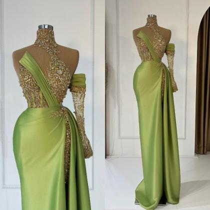 2023 Arabic Mermaid Split Prom Dresses Mint Green..