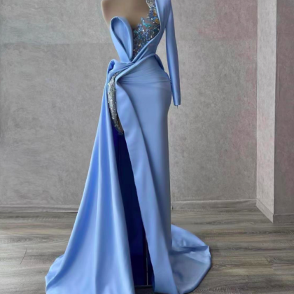 Blue Prom Dresses, Beaded Prom Dresses, Side Slit..