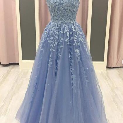 Blue Prom Dress, Lace Prom Dress, A Line Prom..