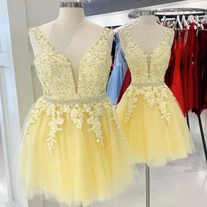 Short Prom Dress, Lace Prom Dresses, Yellow Prom..