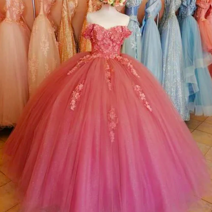Pink Prom Dresses, Flowers Prom Dresses, Lace..