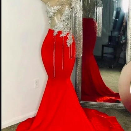 Red Prom Dresses, High Neck Prom Dreses, Beaded..