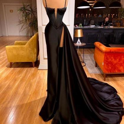 Elegant Black Evening Dresses With Straps Mermaid..