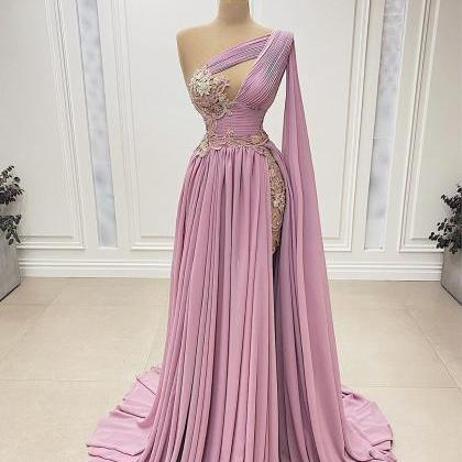 Pink Prom Dresses, One Shoulder Prom Dress, Pleats..