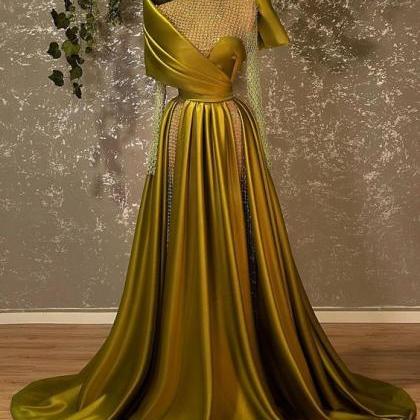 Gold Prom Dresses, High Neck Prom Dresses, Satin..