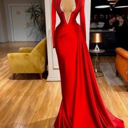 Red Prom Dresses, Beaded Prom Dresses, Long Sleeve..