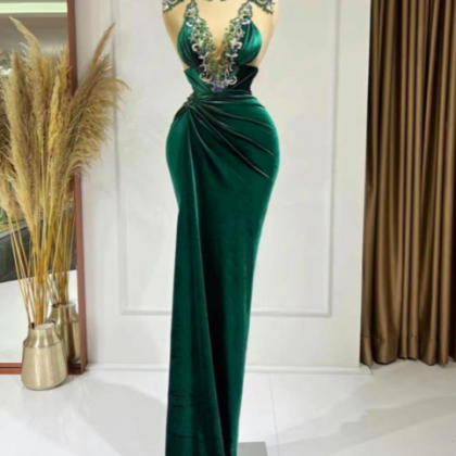 Green Prom Dresses, High Neck Prom Dresses, Velvet..