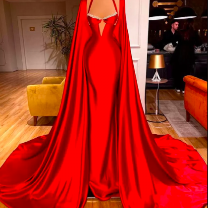 Elegant Red Satin Mermaid Prom Dresses With Long..