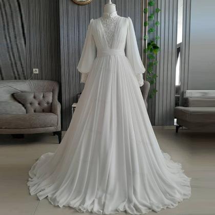 Elegant A-line Chiffon Muslim Wedding Dresses High..