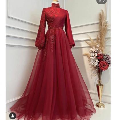 Red Prom Dresses, High Neck Prom Dresses, Lace..