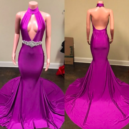 2023 Purple Mermaid Prom Dresses Halter Elastic..