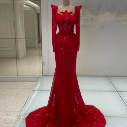 Red Mermaid Prom Dresses Long Sleev..
