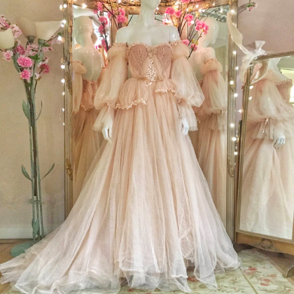 Fairy Blush Tulle Prom Dresses Off Shoulder Long..