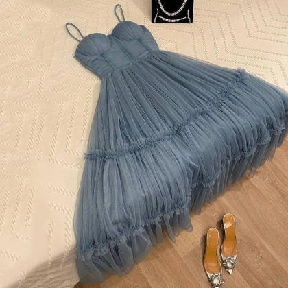 Gray Soft Tulle Midi Prom Party Dresses Tiered..