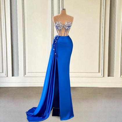 Glitter Beaded Blue Long Prom Dresses Mermaid For..