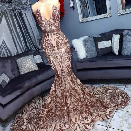 Vintage Bling Sequined Lace Mermaid Prom Dresses,..
