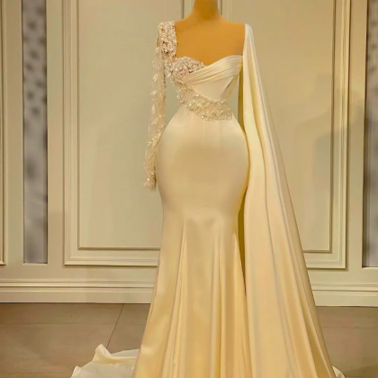 Elegant Mermaid Prom Dresses One Long Sleeve V..