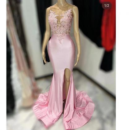 Pink Prom Dresses, Side Slit Prom Dresses, Lace..