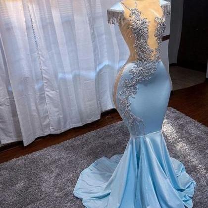 Blue Prom Dresses, Crystal Evening Dresses, Custom..