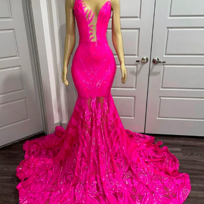 Pink Prom Dresses, Sheer Crew Neck Prom Dresses,..