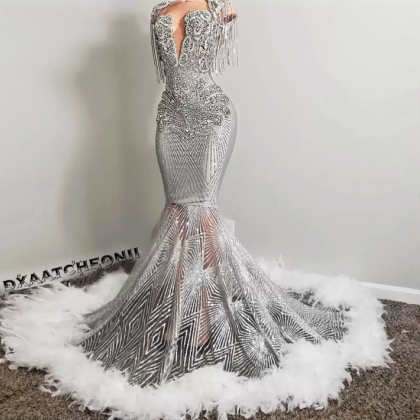 Sparkly Silver Crystal Mermaid Prom Dresses Beaded..