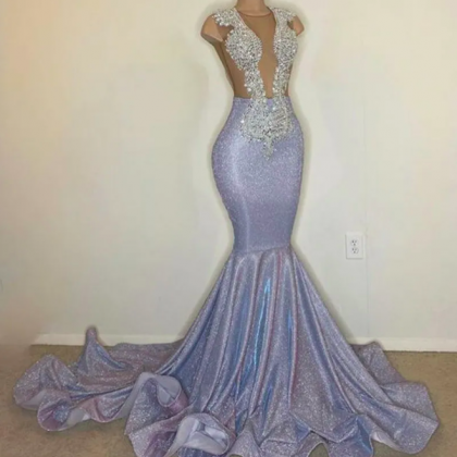 Black Girl African Sequin Silver Prom Dresses Sexy..