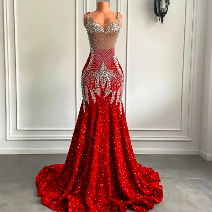 Long Red Prom Dresses 2023 Sparkly Luxury Silver..