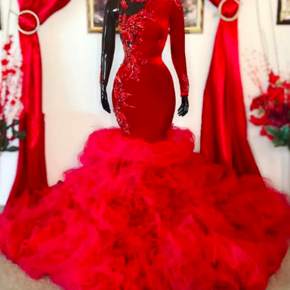 Plus Size Arabic Mermaid Red Prom Dresses Lace..