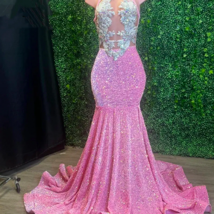 2023 Sparkly Pink High Neck Long Prom Dress For..