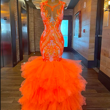 Sparkly Orange Mermaid Long Prom Dresses 2023 Sexy..